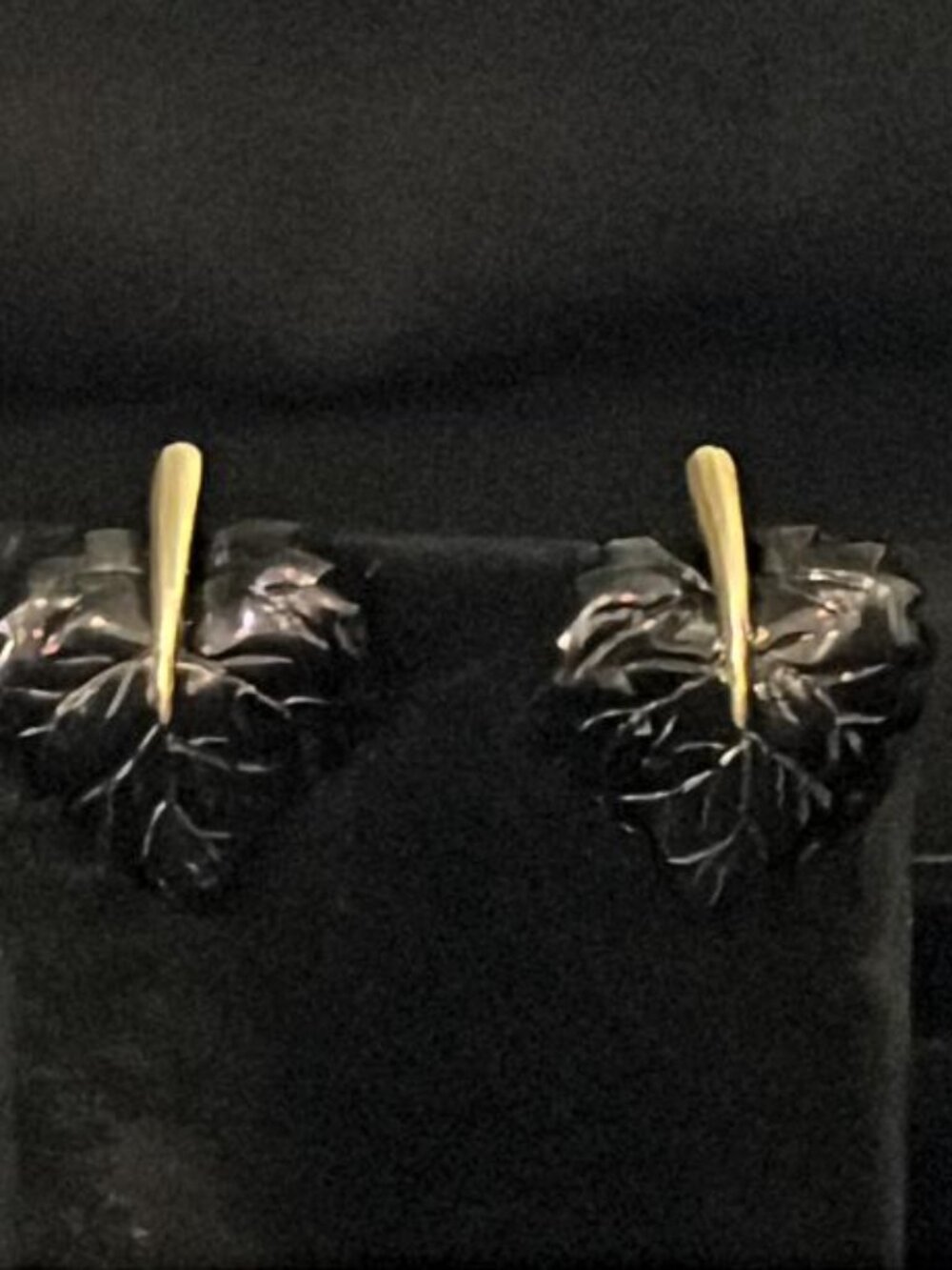 Black Etched Leaf with Gold Tone Stem Earrings